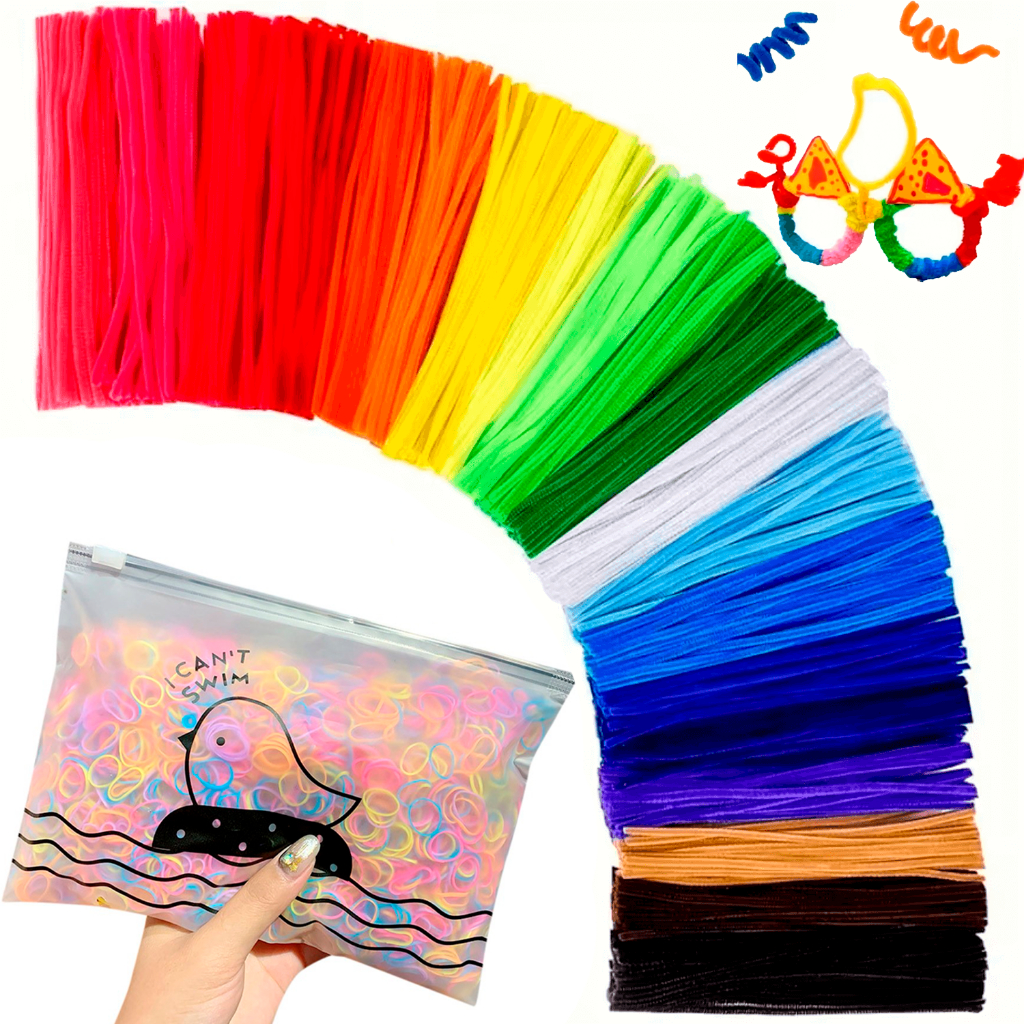 Kit 100 Unidades Hastes De Chenille 30cm + Estojo 500 Elásticos Colorido Sortido Cabelo Maluco
