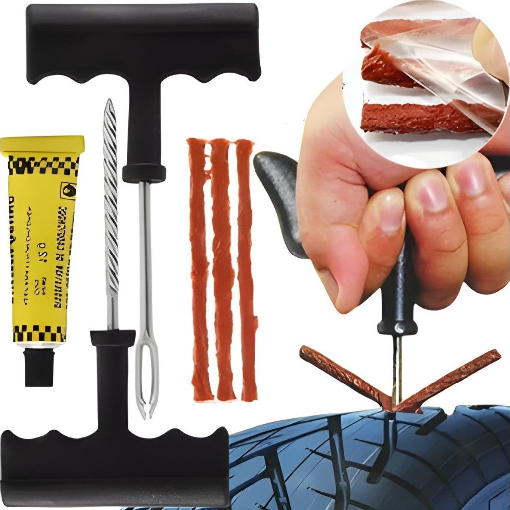 Kit Reparo Pneu sem Camara para Carro e Moto + 3 Refil Selante Macarrão Remendo
