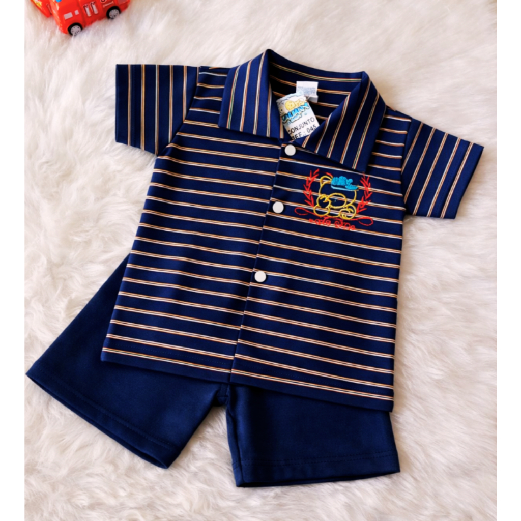 Conjunto Bebê Camisa gola Polo e Shorts Estilo Mauricinho Listrado com bordado - Camiseta Baby RN em Oferta na Shopee