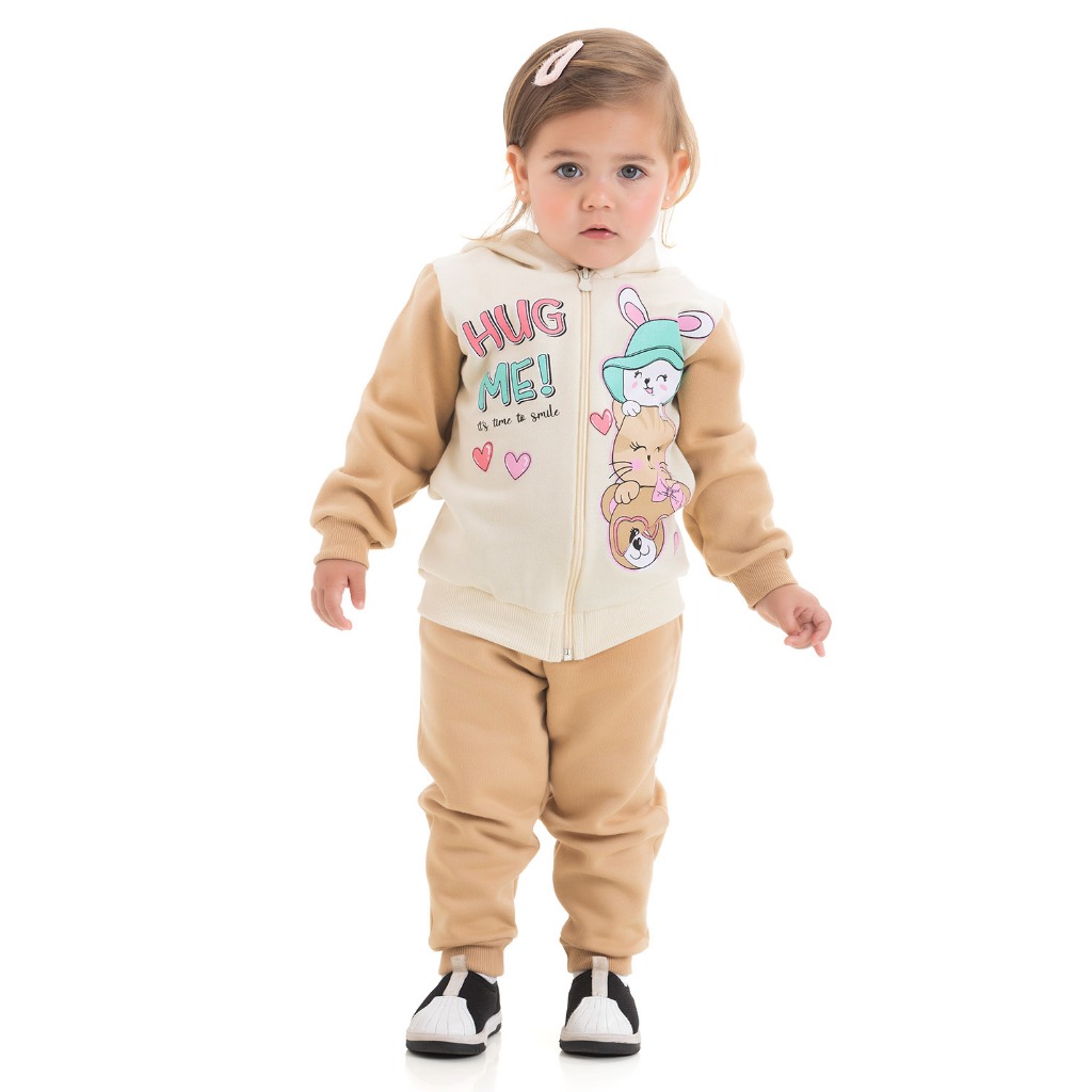 Conjunto Moletom Peluciado Infantil Feminino Inverno 1 a 3 Anos Jaqueta Com Capuz e Zíper Estampa Frontal Coelho