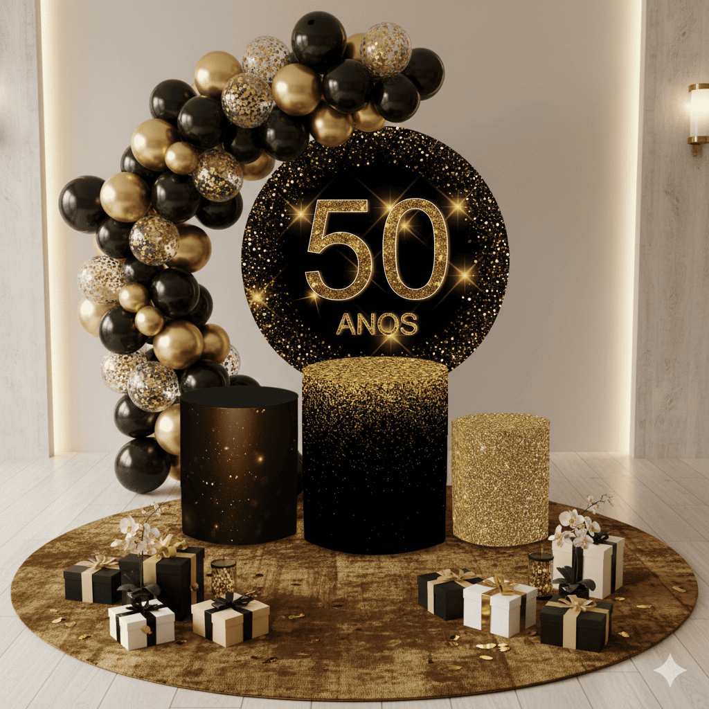 Capas Veste Fácil Painel Redondo + Trio Cilindros Tema 50 Anos Glitter Glamour Decoração Helanca Oferta em Oferta na Shopee