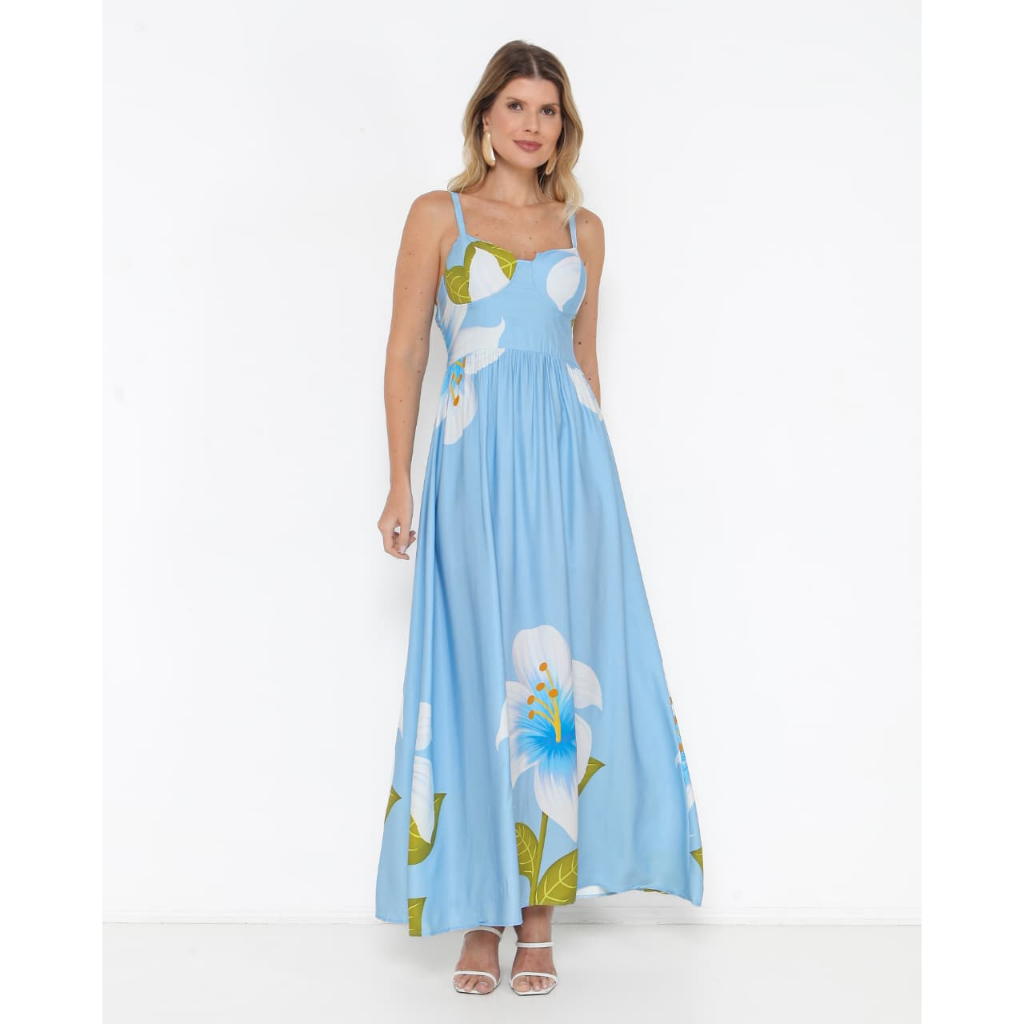 vestido longo floral com alça, forro interno,bojo meia taça