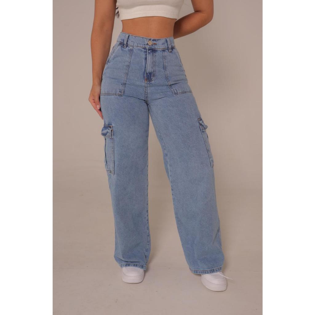 Calça Jeans Cargo Wide Leg Feminina Confortável Casual Versátil Tendência Elegante Moderna Festas Blogueira