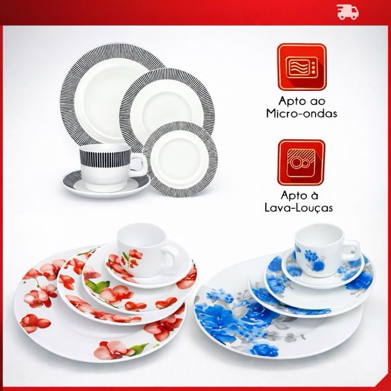 Aparelho de Jantar e Cha 20 Peças Haüskraft Florido Lindo Opal Pratos Raso Fundo Sobremesa Xícara