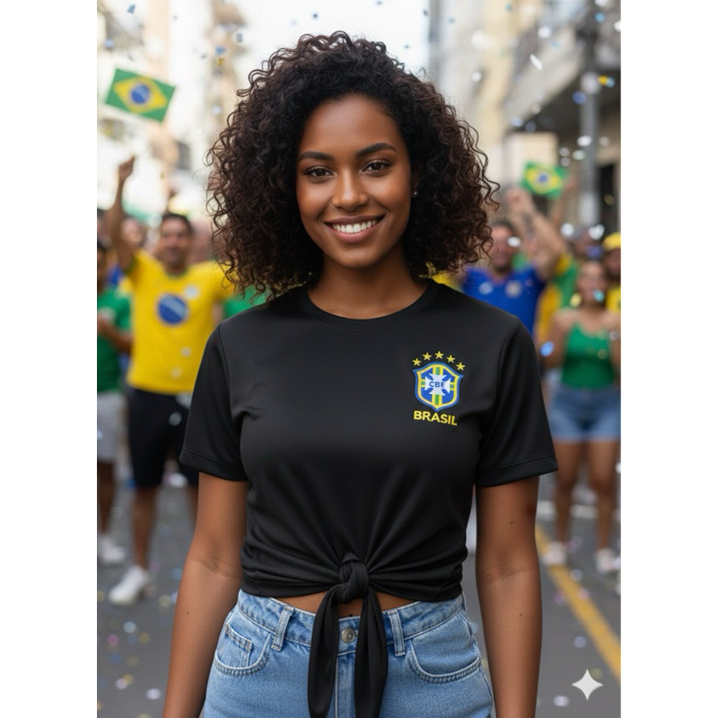 Detalhes do Top Feminino Frente Única Brasil Verde e Amarelo | Cropped Estilo Verão/Copa - ESTAMPADO