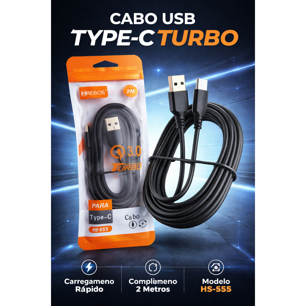 Cabo Tipo C 2m Turbo 3.0 Hrebos Carregador Rápido USB-C para Samsung Xiaomi Moto