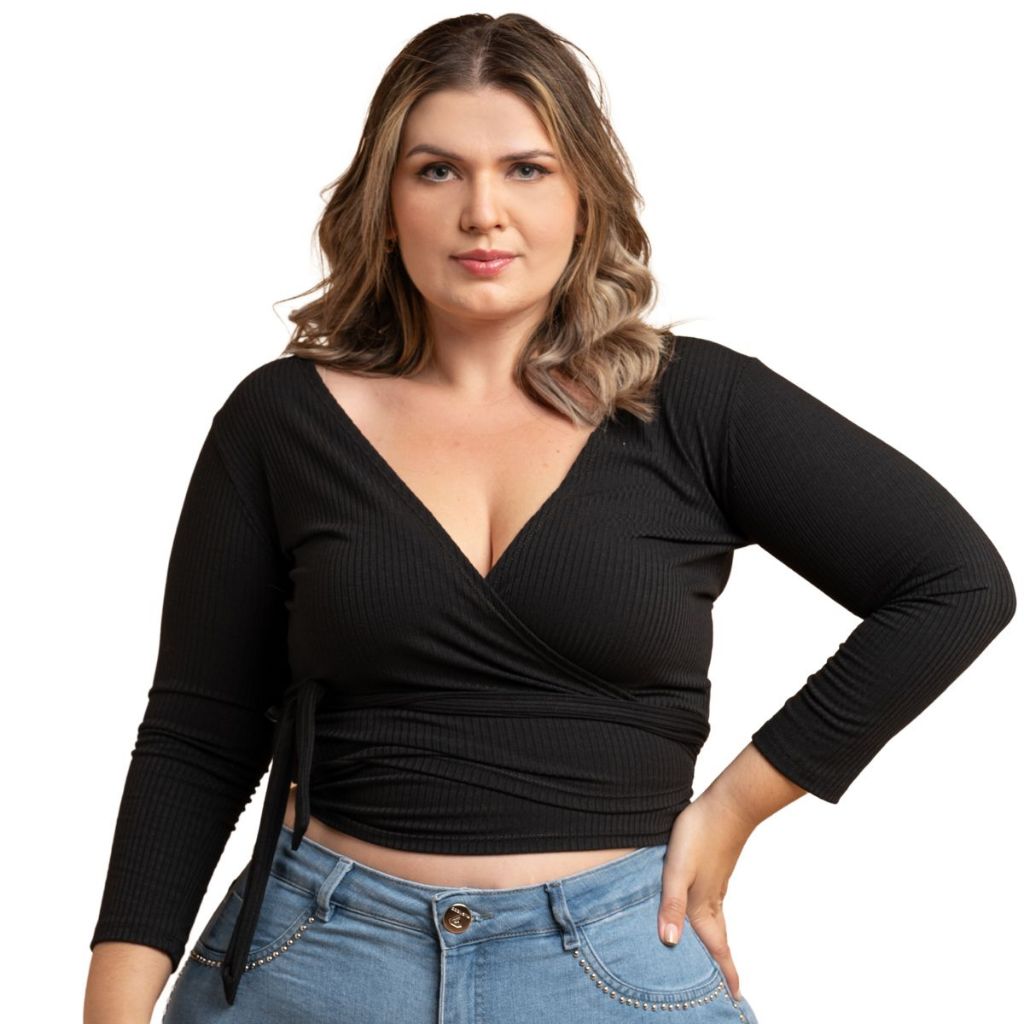 Blusa Envelope Transpassada Plus Size Canelada Feminina Elegante Amarrações