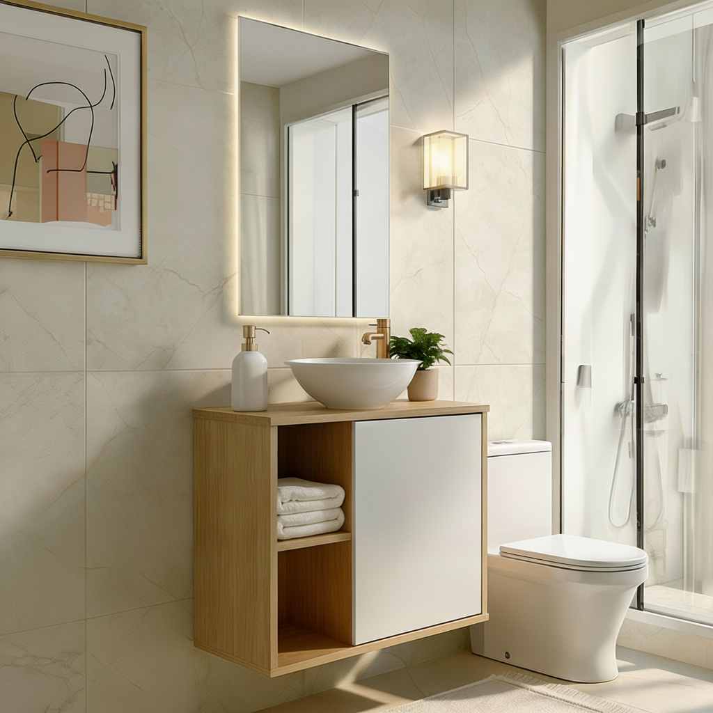 Gabinete Suspenso c/ Cuba Branca Sobrepor Banheiro Moderno 2 Nichos 1 Porta Branco Nature Blue Moby