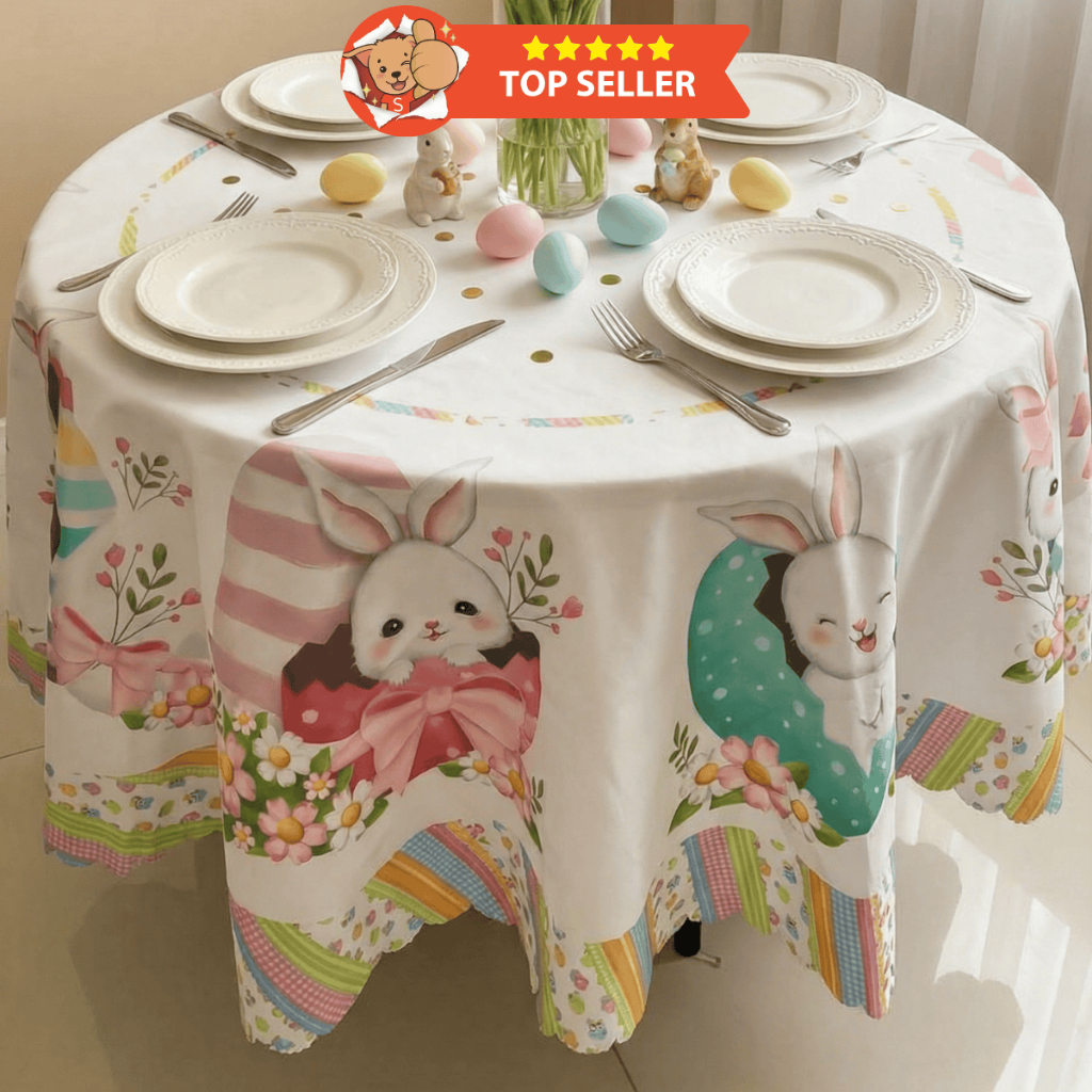 Toalha de Mesa Redonda 4 Lugares Páscoa Estampada Coelhinho Linda Decorativa Mesa Posta