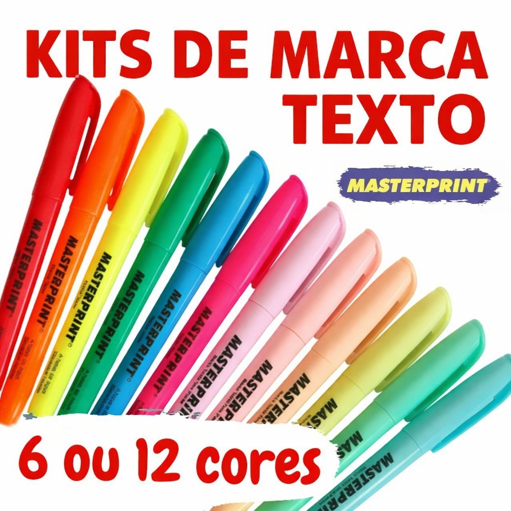 Kit 6 ou 12 Marca Texto (6 Neon + 6 pastel) Caneta Marca Textos Masterprint em Oferta na Shopee