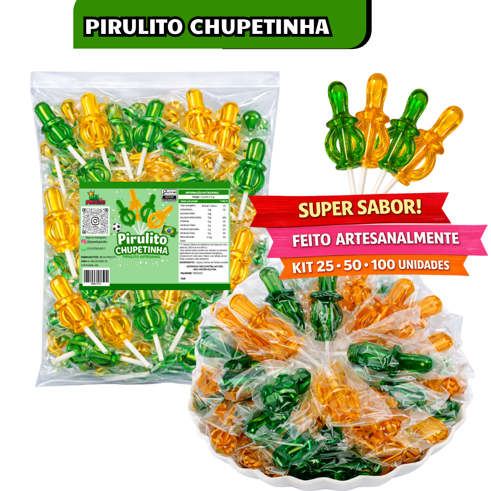 Pirulito tipo Chupeta espeto Verde e Amarelo copa - Chupetinha com 25, 50 100 Unid. -Rei do Pirulito