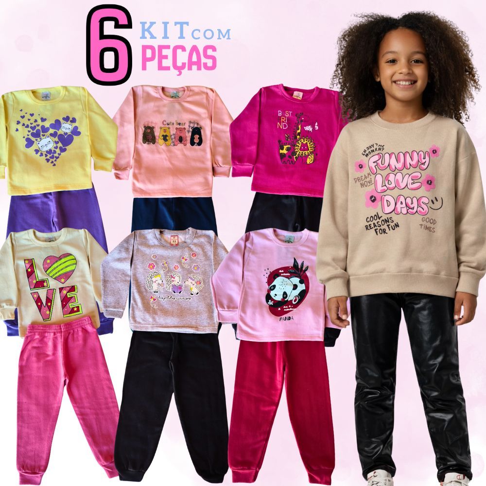 Kit 6 Peças Conjunto Infantil Menina Inverno - Moletom frio, 3 Casaco e 3 Calça, Tamanhos 1 a 8 Anos