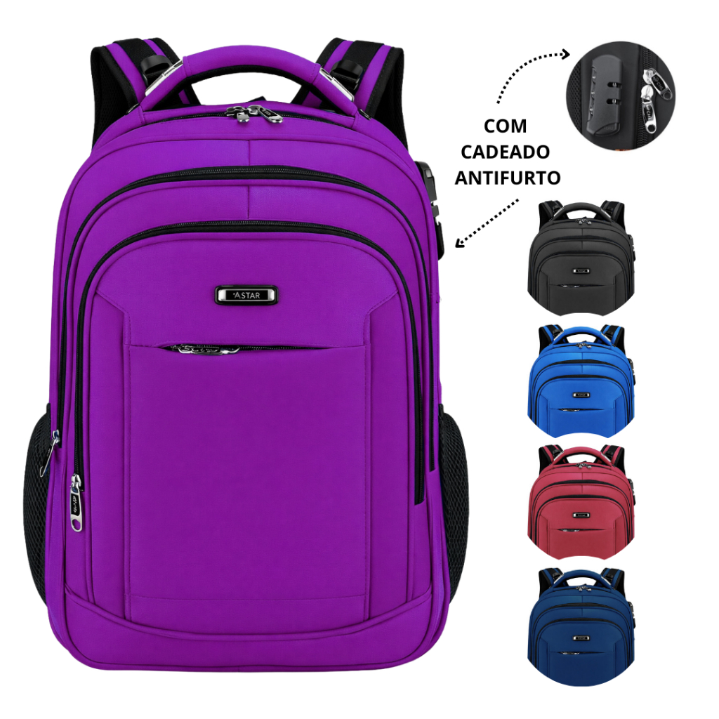 Mochila Unissex Impermeável Cadeado Bolso Antifurto Escolar Faculdade Trabalho Cabo Acolchoado