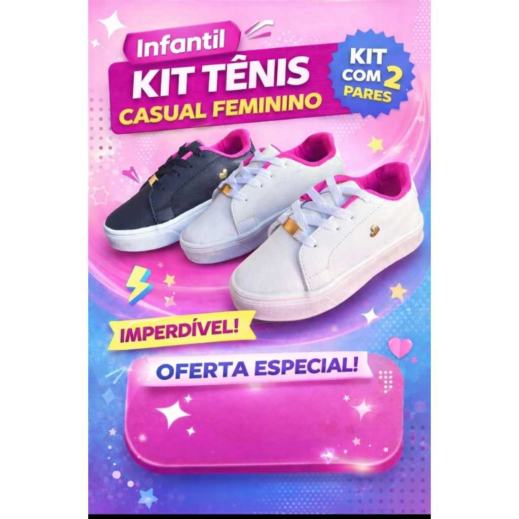kit 2 Pares Tenis Infantil Menina Escolar Confortavel Coraçao sola macia e antiderrapante