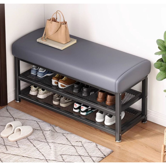 Banco Estofado e Sapateira 2 Prateleiras Organizadoras Assento Hall de Entrada Organizador de Sapatos Industrial Puff