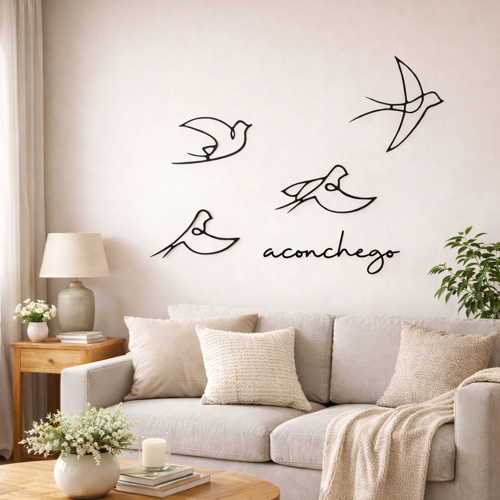 Kit 4 Pássaros Decorativos em MDF + Palavra Aconchego | Decoração Minimalista