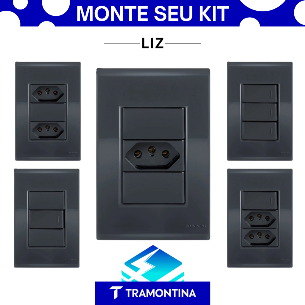 Tomada Preto Grafite Brilhante Tramontina LIZ 4x2 Tomada 10a 20a Interruptor Simples Paralelo Pronto P/ Instalar