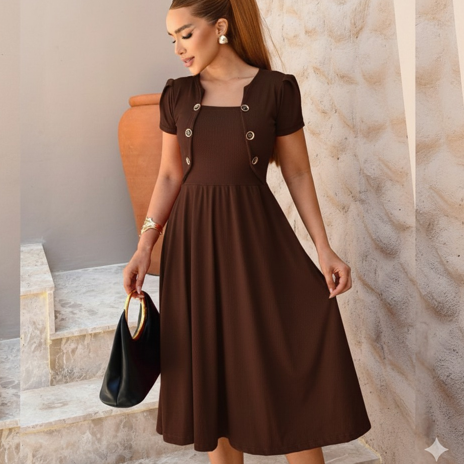 Vestido Feminino Midi Rodado Evangélico Detalhes de Botão Blazer Fake Casual Elegante Manga Bufante Malha Canelada em Oferta na Shopee