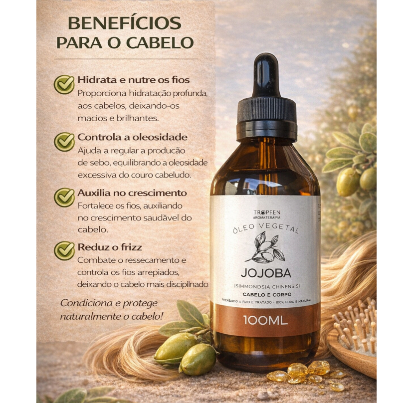 Óleo de Jojoba 100% Puro Original 100 mL - Hidrata, Controla a oleosidade e Ajuda no Crescimento Capilar