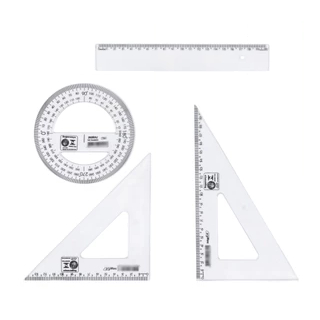 Conjunto para Desenho Régua de 20cm + Transferidor 360° + Esquadro 45º (13cm)+ Esquadro 60º (18cm)