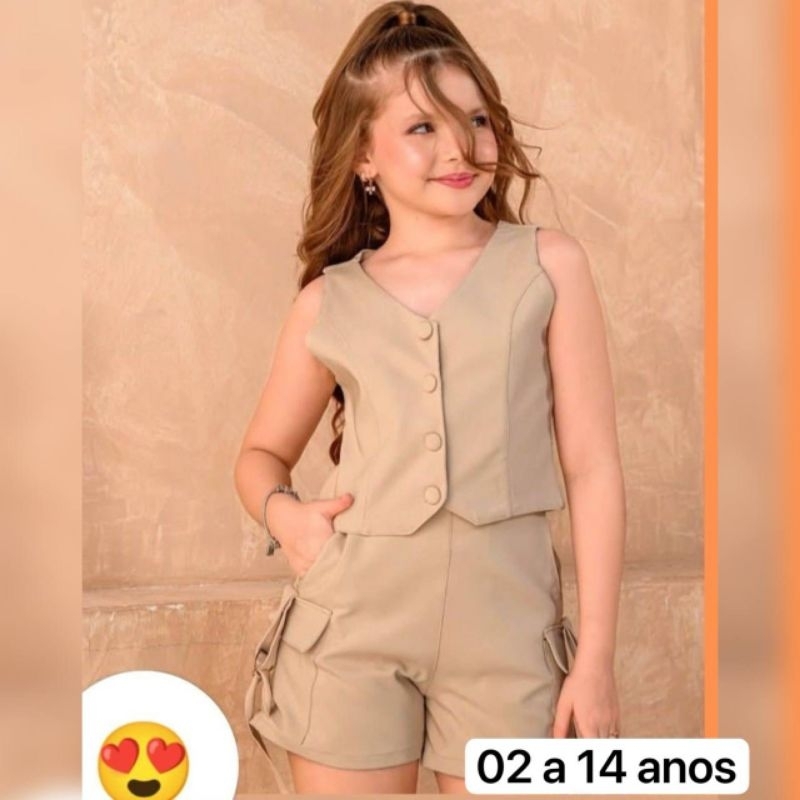 conjunto feminino infantil colete e shortinho veste até 14 anos.