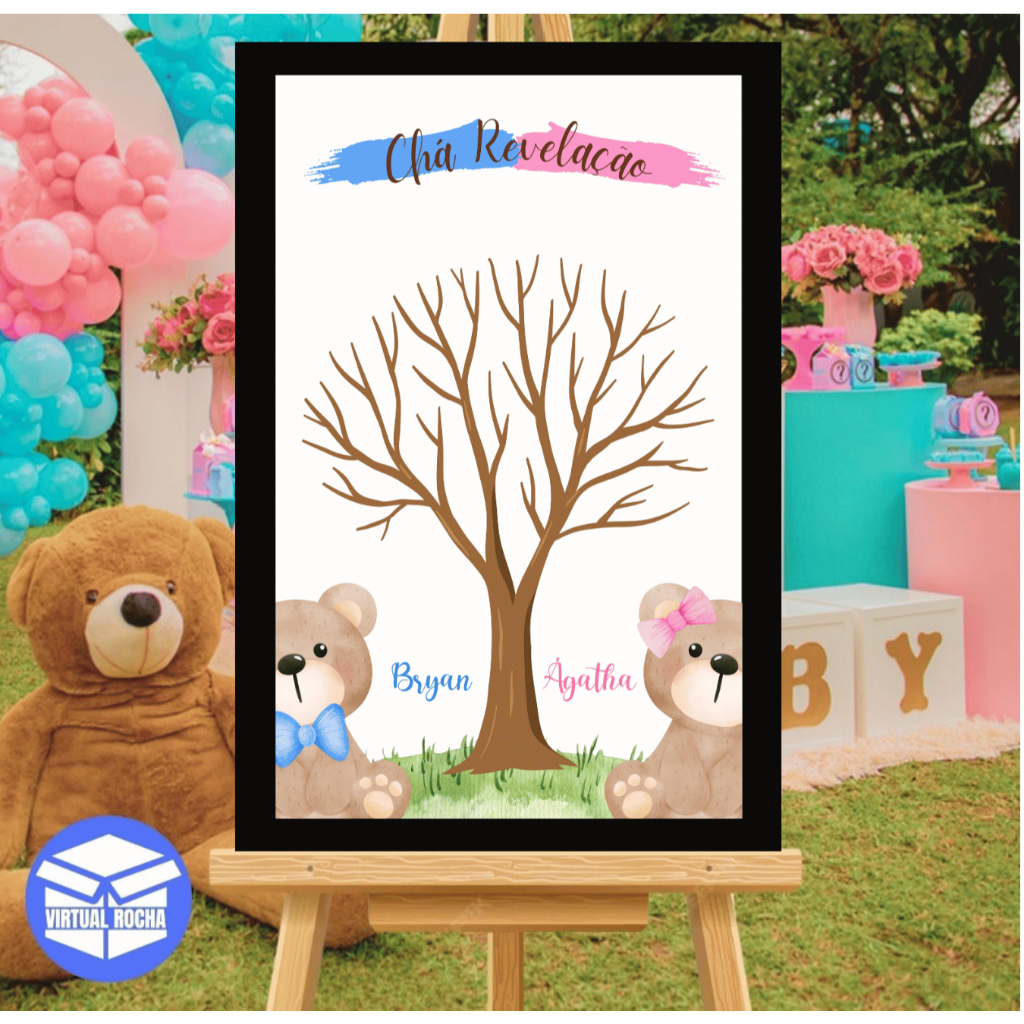 Placa Quadro De Recepção Chá Revelação Árvore Digitais Chá Urso Arvore Marrom Azul e rosa