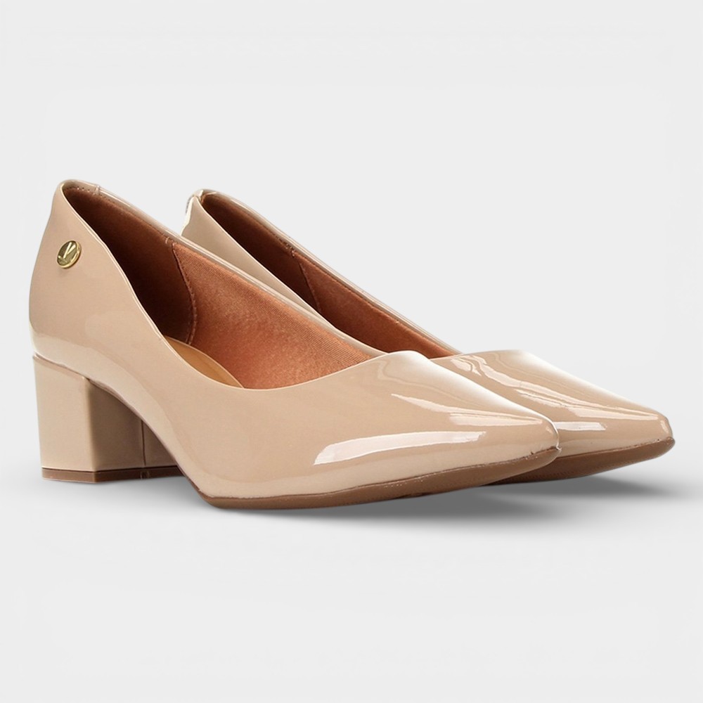Scarpin Vizzano Verniz Salto Grosso Bico Fino - Bege em Oferta na Shopee