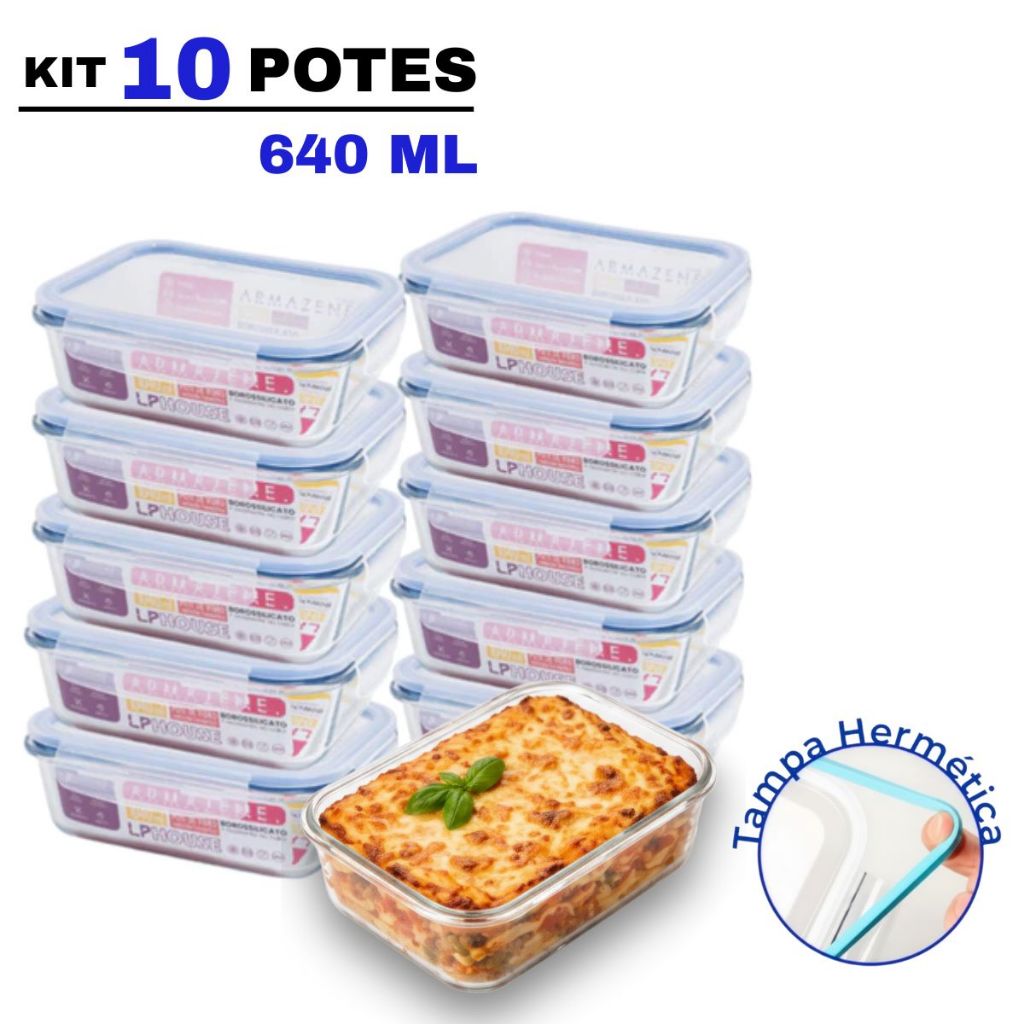 Conjunto Potes Vidro Hermético Mantimentos Marmita 640ml Tampa com 4 Travas