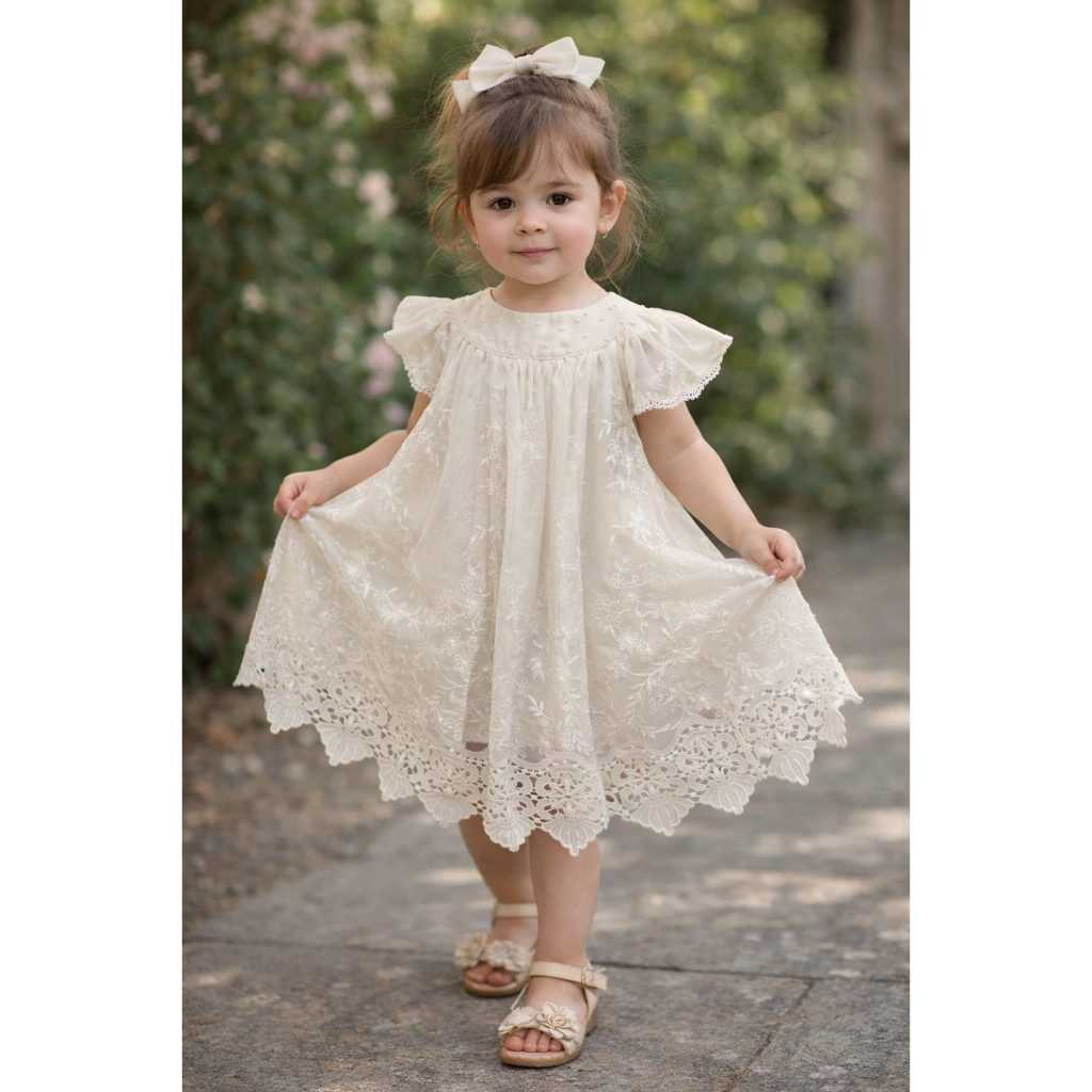 Vestido Infantil Milon em Tule Bordado com Renda delicado batizado festa