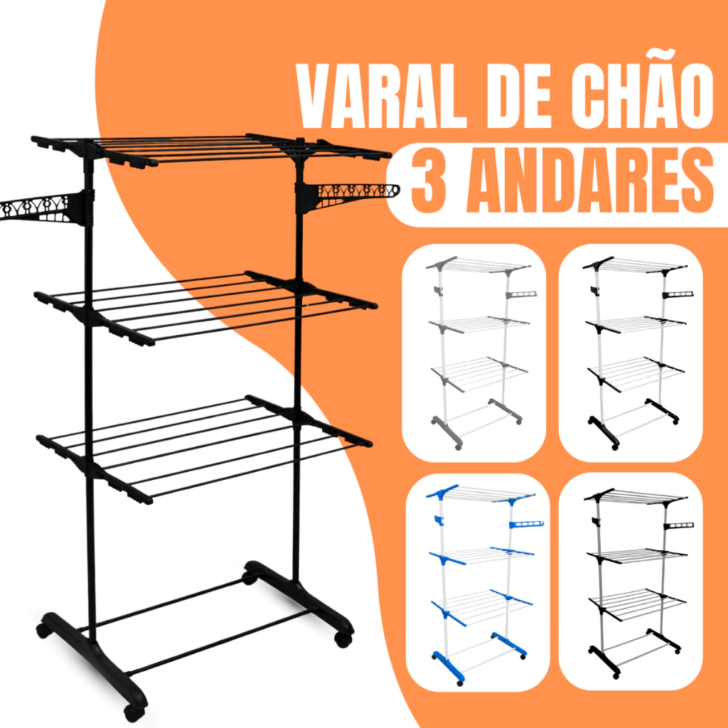 Varal De Chão De Roupas 3 Andares Dobrável Grande 4 Rodas — imagem 1