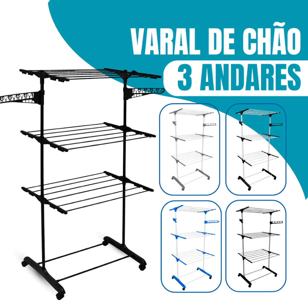 Varal De Chão 3 Andares Para Roupas e Calcinhas 4 Rodas Dobrável Reforçado e Portátil — imagem 1
