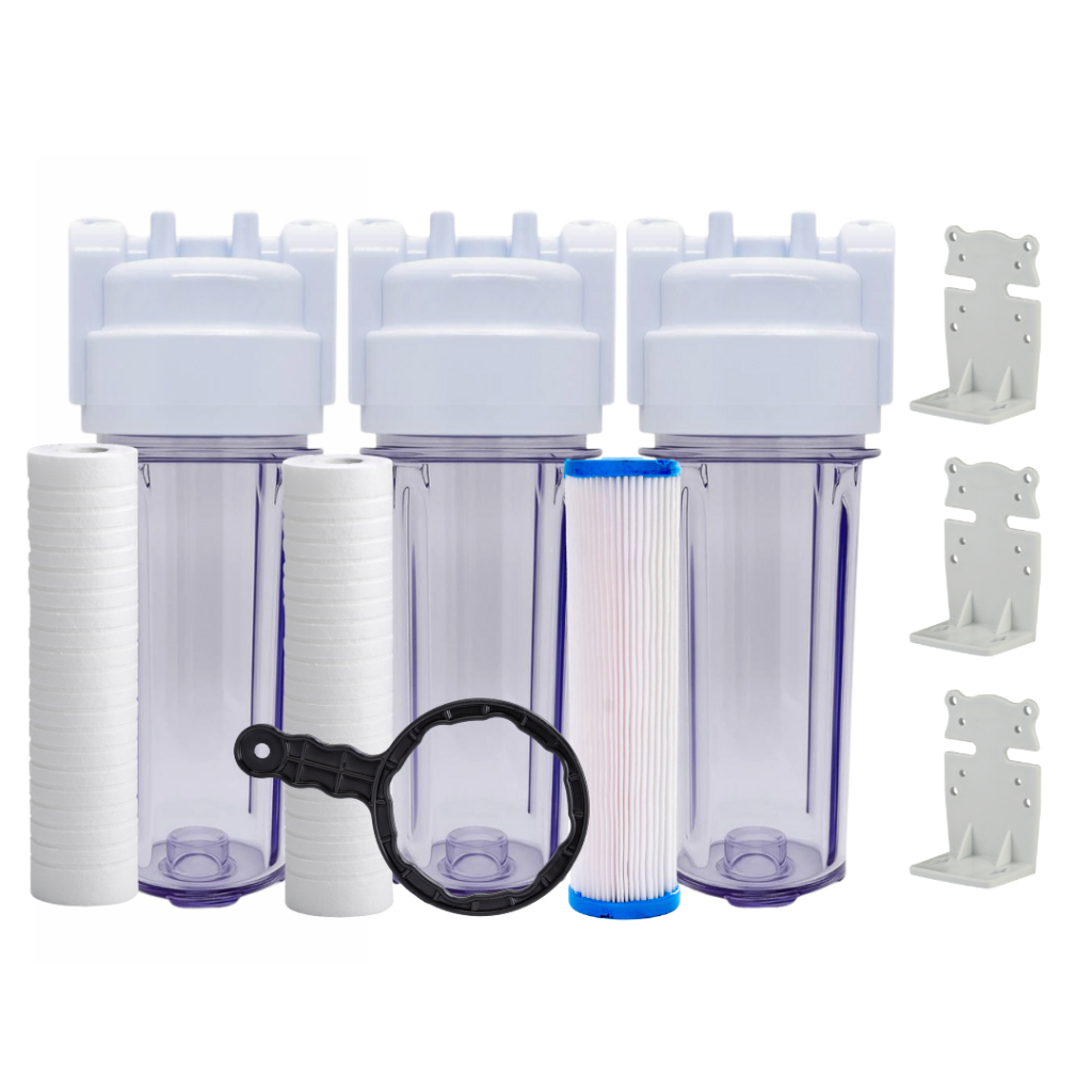 KIT 03 Filtro Caixa Dágua Cavalete com 03 suporte + 2 Refil Polipropileno + 01 Refil Plissado+ Chave