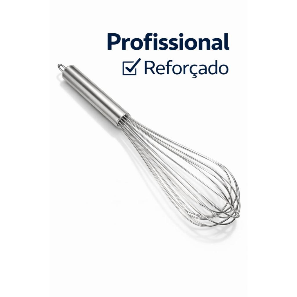 Batedor de Bolo Ovos Claras Massas Fue Fouet Reforçado 36 cm Aço Inox Profissional Leve Cabo Firme