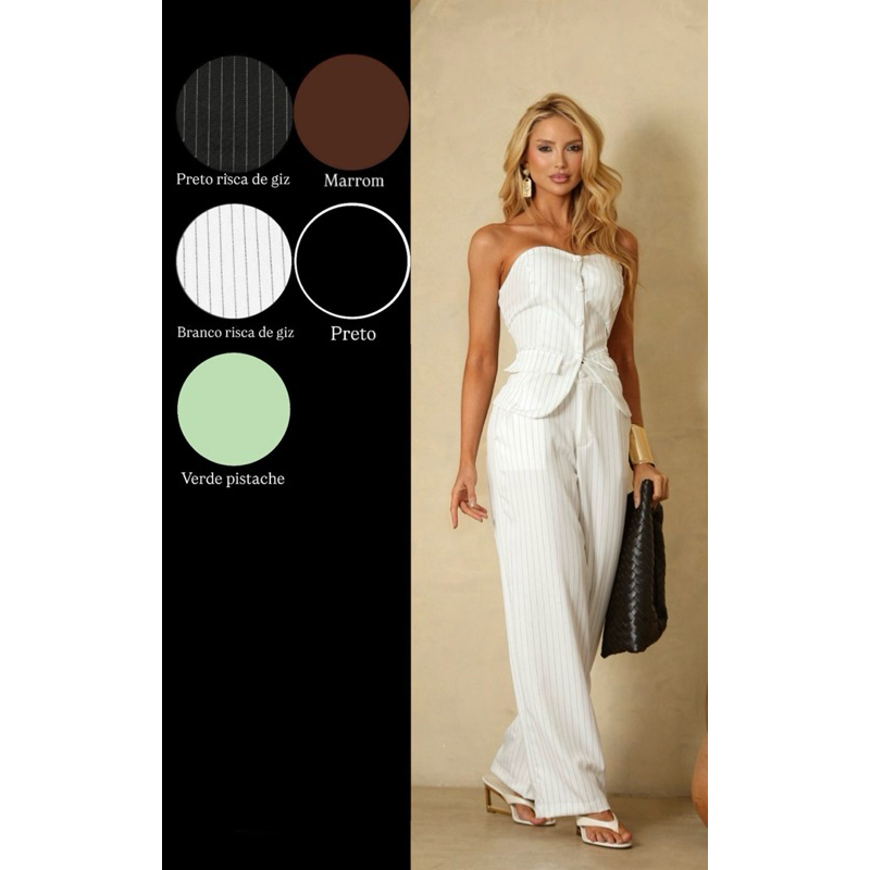 CONJUNTO FEMININO CALÇA PANTALONA FLARE SOCIAL TOMARA QUE CAIA E ALFAITARIA LISO