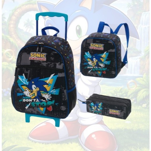 Kit Mochila Rodinhas Lancheira Estojo Infantil Escolar Sonic Don´t Stop Preta Infantil Pacific
