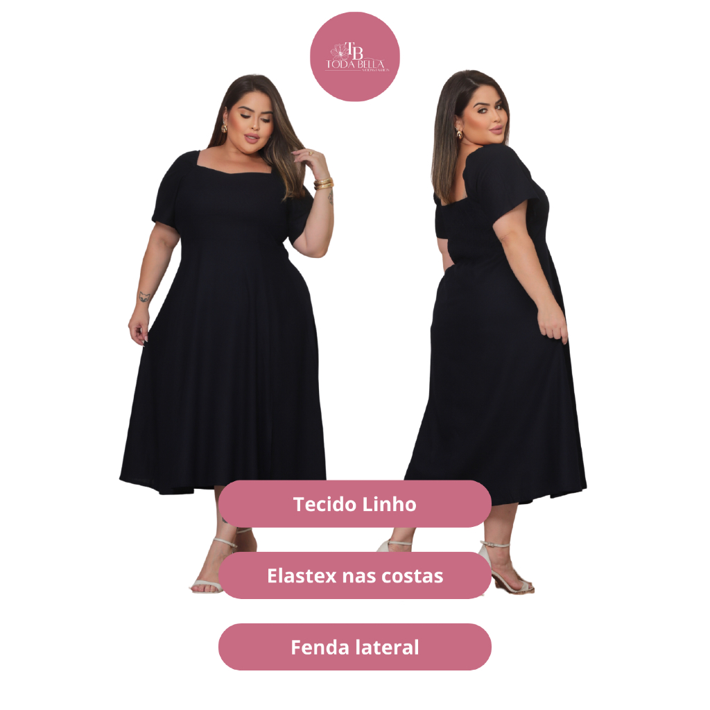 Vestido feminino plus size, comprimento midi, com manga curta e fenda em Oferta na Shopee
