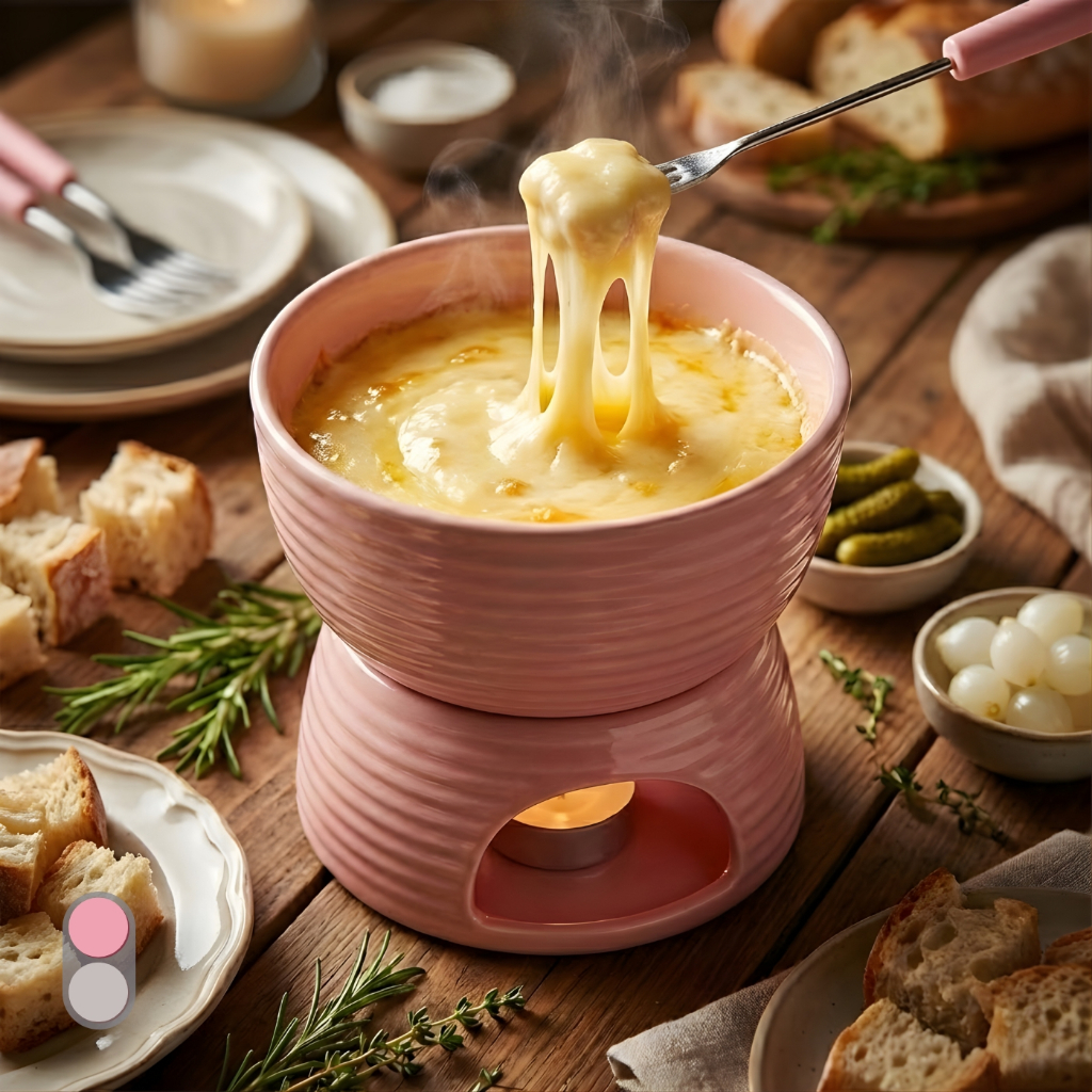 aparelho de Fondue 6 peças p/ 2 pessoas, com vela, portátil, 2 cores, elegante, resistente 400ml