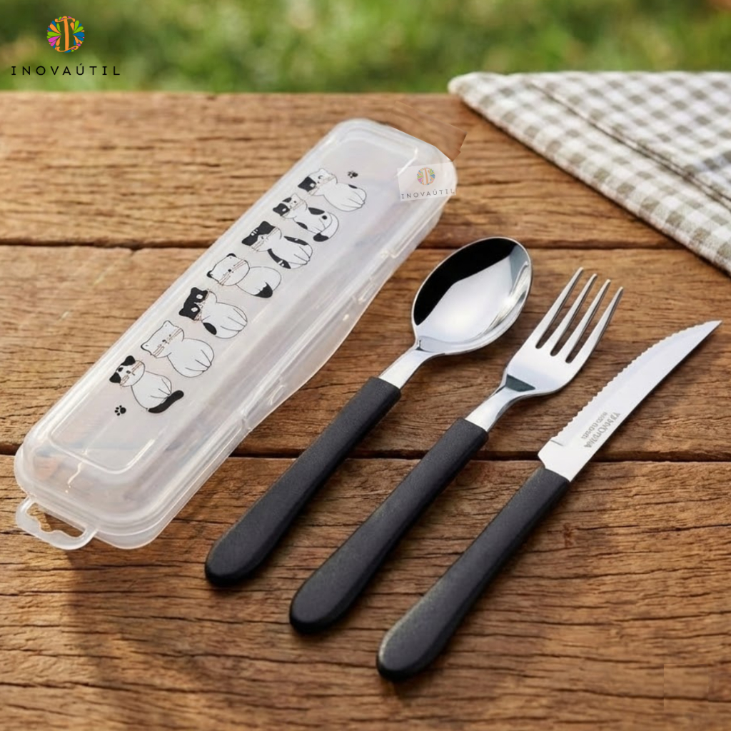 Porta Talher Estojo Decorado Viagem Com Garfo Faca e Colher Tramontina Inox Cabo Preto em Oferta na Shopee