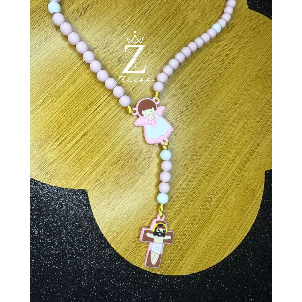 Terço Infantil Católico Anjo da Guarda em Rosa Bebê com Branco 8mm 👼 Presente para Batizado ou Primeira Comunhão