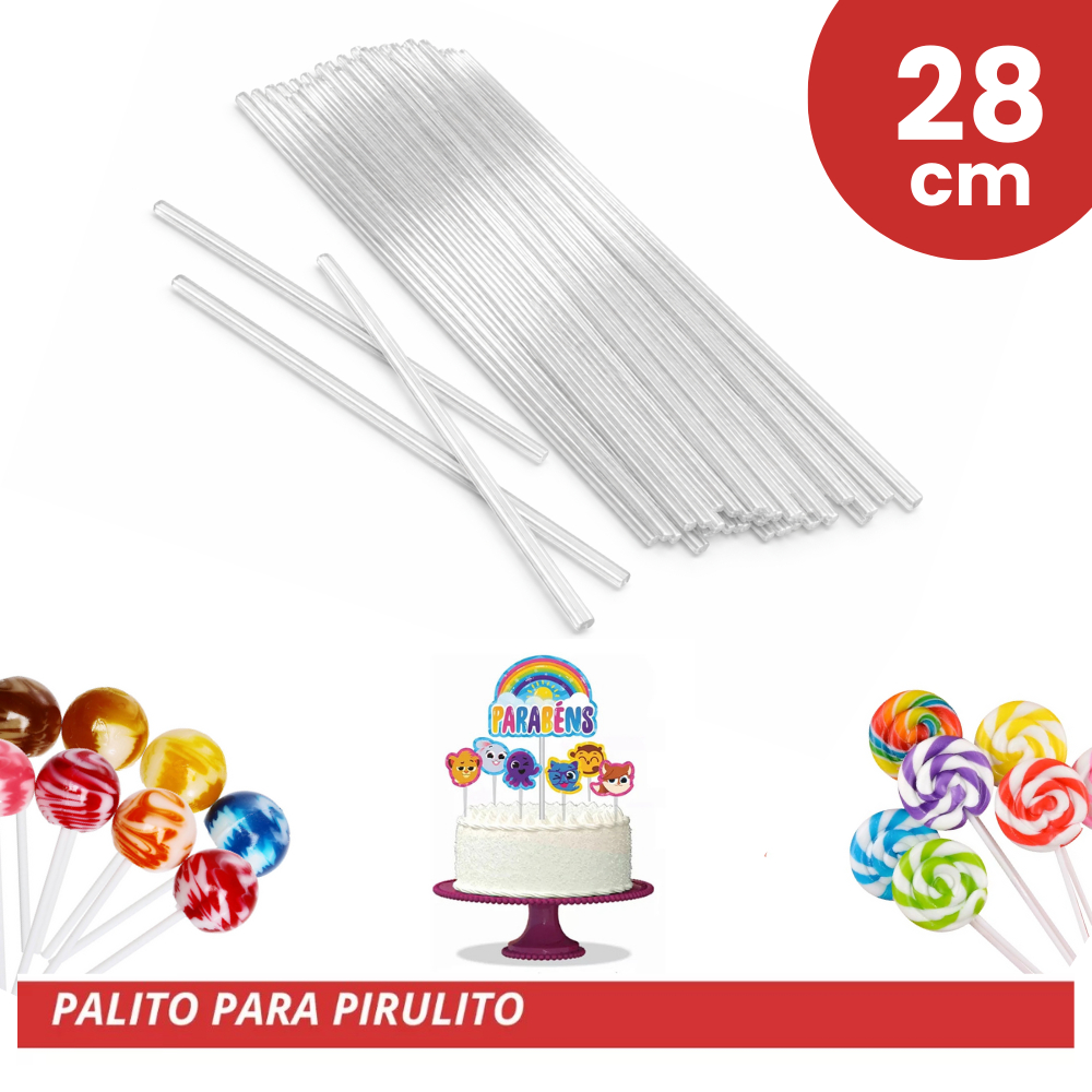 Palito Pirulito 28cm 4mm Cake Pop Topo de Bolo Cake Topper Confeitaria Branco ou Transparente