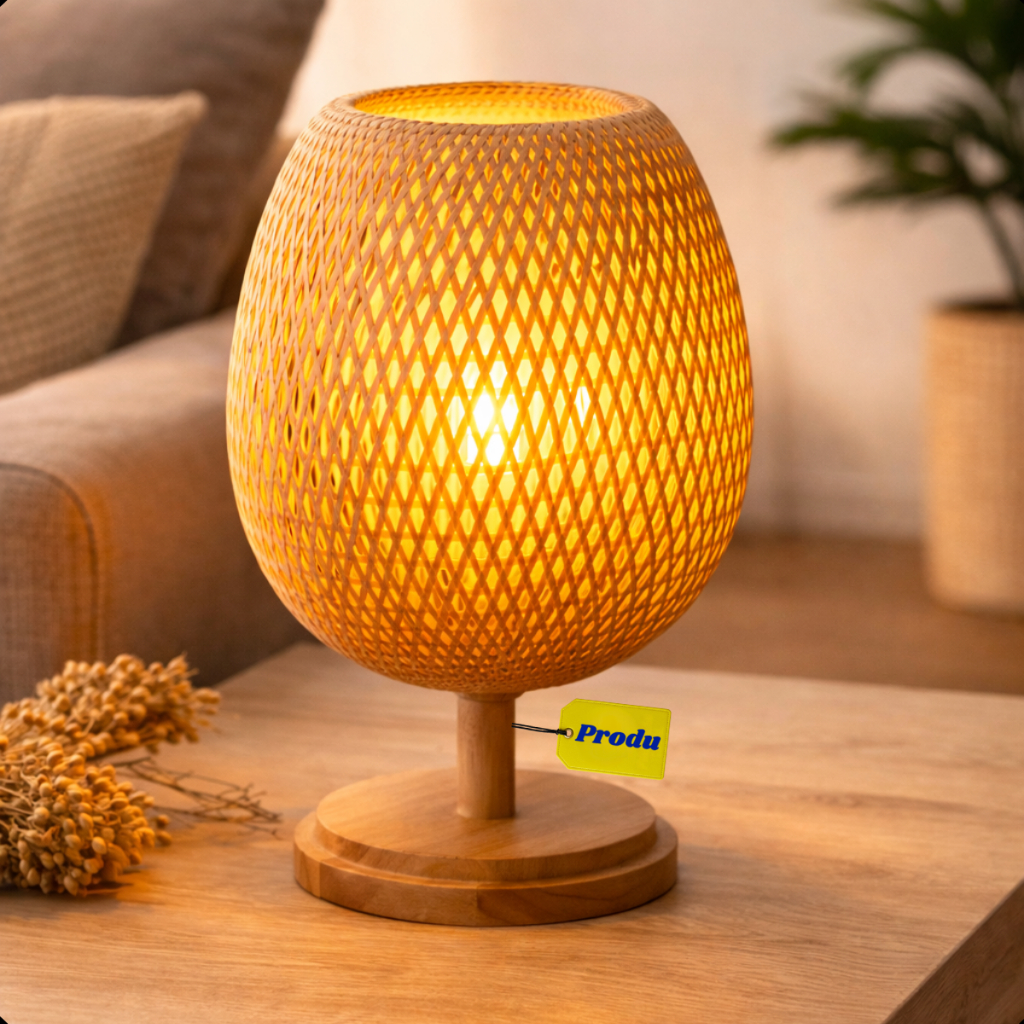 Luminaria De Mesa Produ Bambu Natural Artesanal Design Organico Iluminacao Decorativa Boho 35cm em Oferta na Shopee