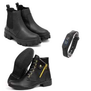 Coturno Feminino sem Bag Preto + Relógio + Coturno Botinha Cano Curto com zíper fake Preta