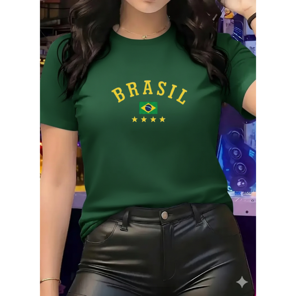Camiseta Feminina Brasil Algodão Estilo Linda Macia Copa do Mundo