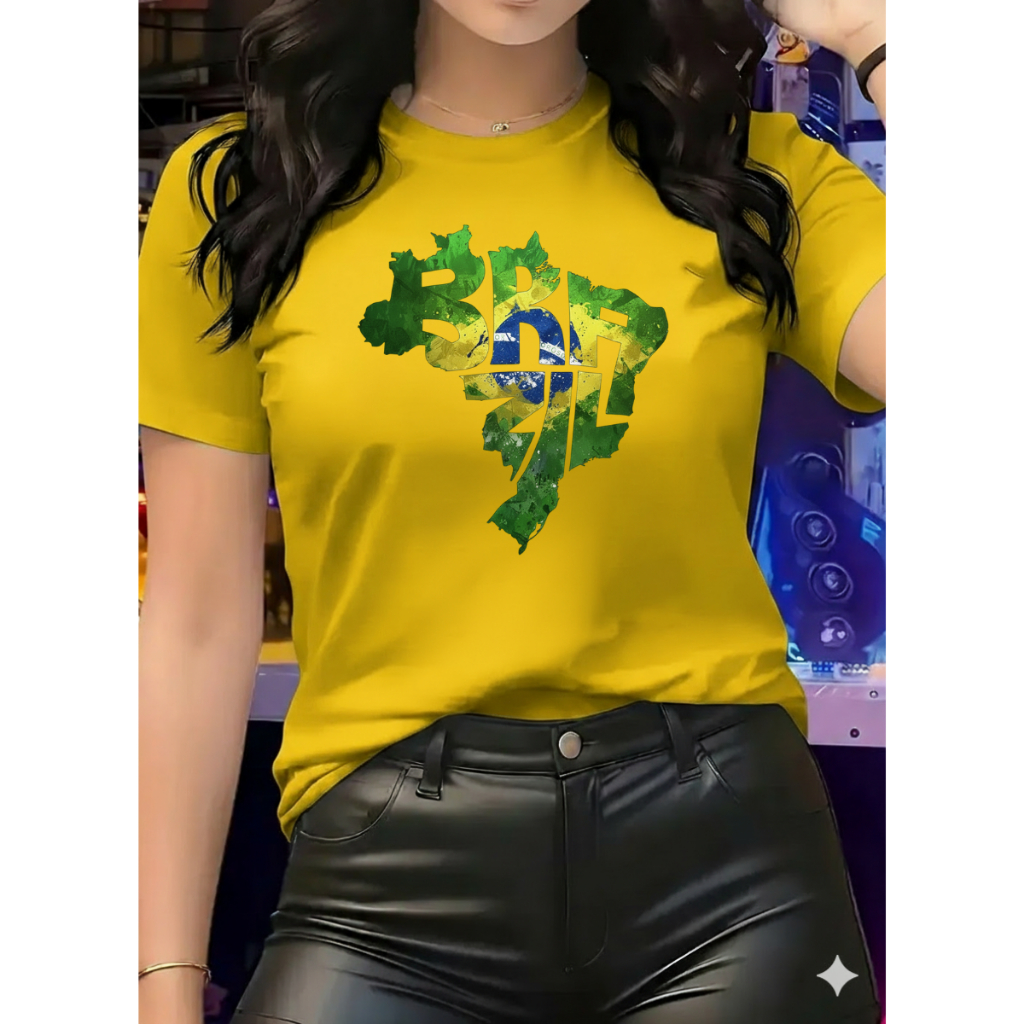 Camiseta Tshirt Brasil Feminina Gola Redonda Algodão Mapa Brasileiro Copa do Mundo Torcedora Envio Imediato Lançamento