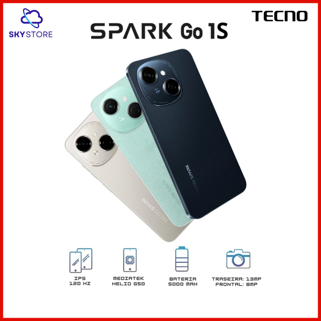 Tecno Spark Go 1S 4G, Modelo 2026, e Spark Go 1, 64GB e 3GB RAM, Bateria 5000MAH, VERSÃO GLOBAL, NOVO/LACRADO