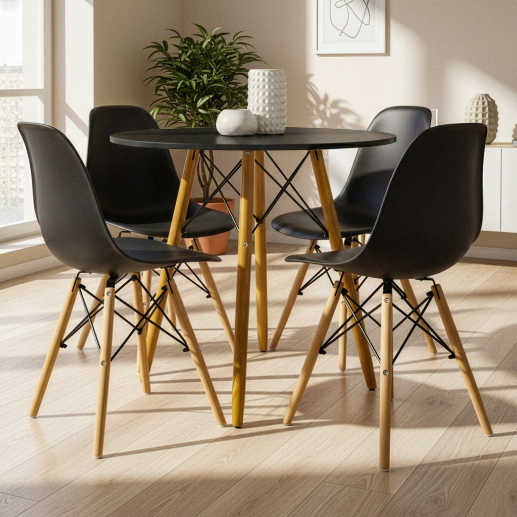 Mesa Eiffel Redonda 70 Cm MDF + 4 Cadeira Eames Eiffel Preto