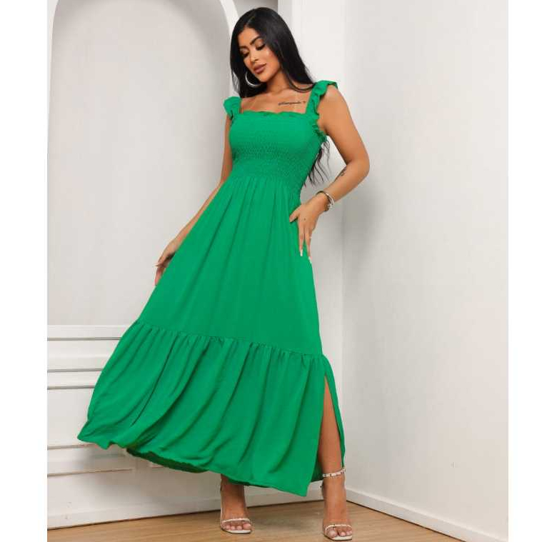 Vestido Verde Liso Fenda Longo Lastec Feminino Elegante Babado Barato Midi Festa Confortavel Verão