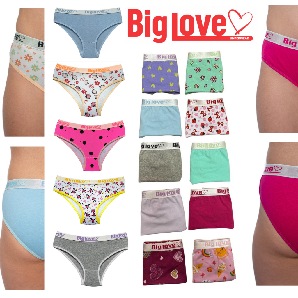 BIG LOVE  Kit 10 Calcinha Juvenil e Infantil em Algodão Cotton  Menina Moça com Cós Largo na Cintura