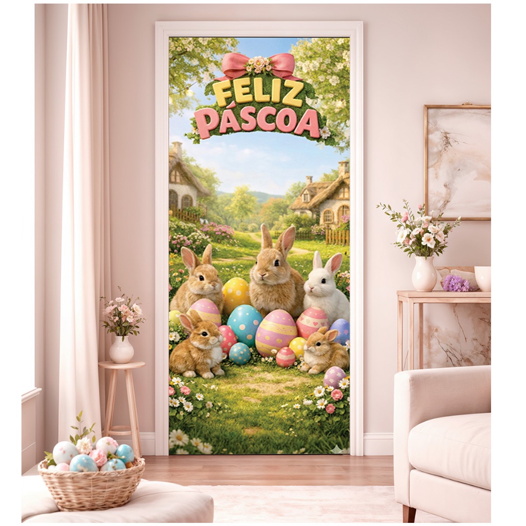 Capa De Porta Páscoa Decoração Em Tecido Sublimado 85cm x 2,10m