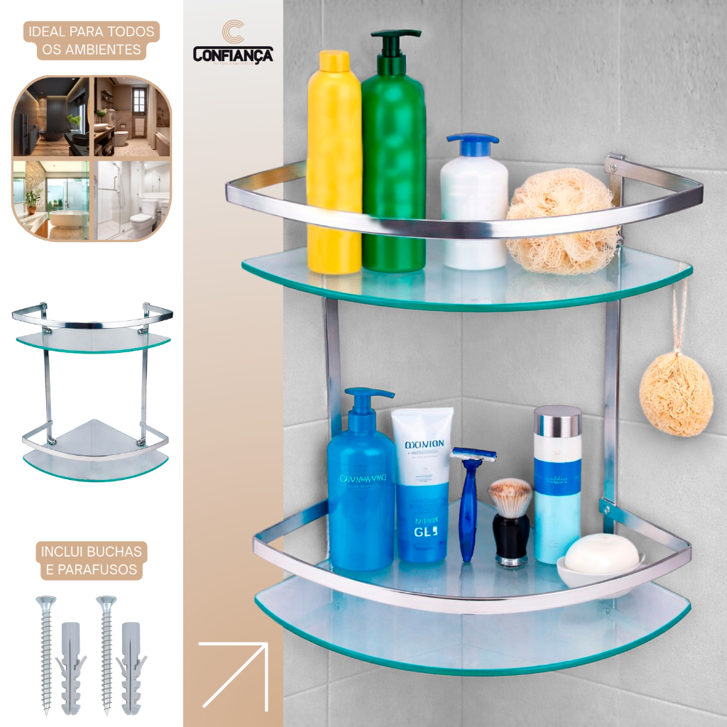 Porta Shampoo Banheiro Canto Duplo Vidro Box Nicho Cromado C. 3555 em Oferta na Shopee
